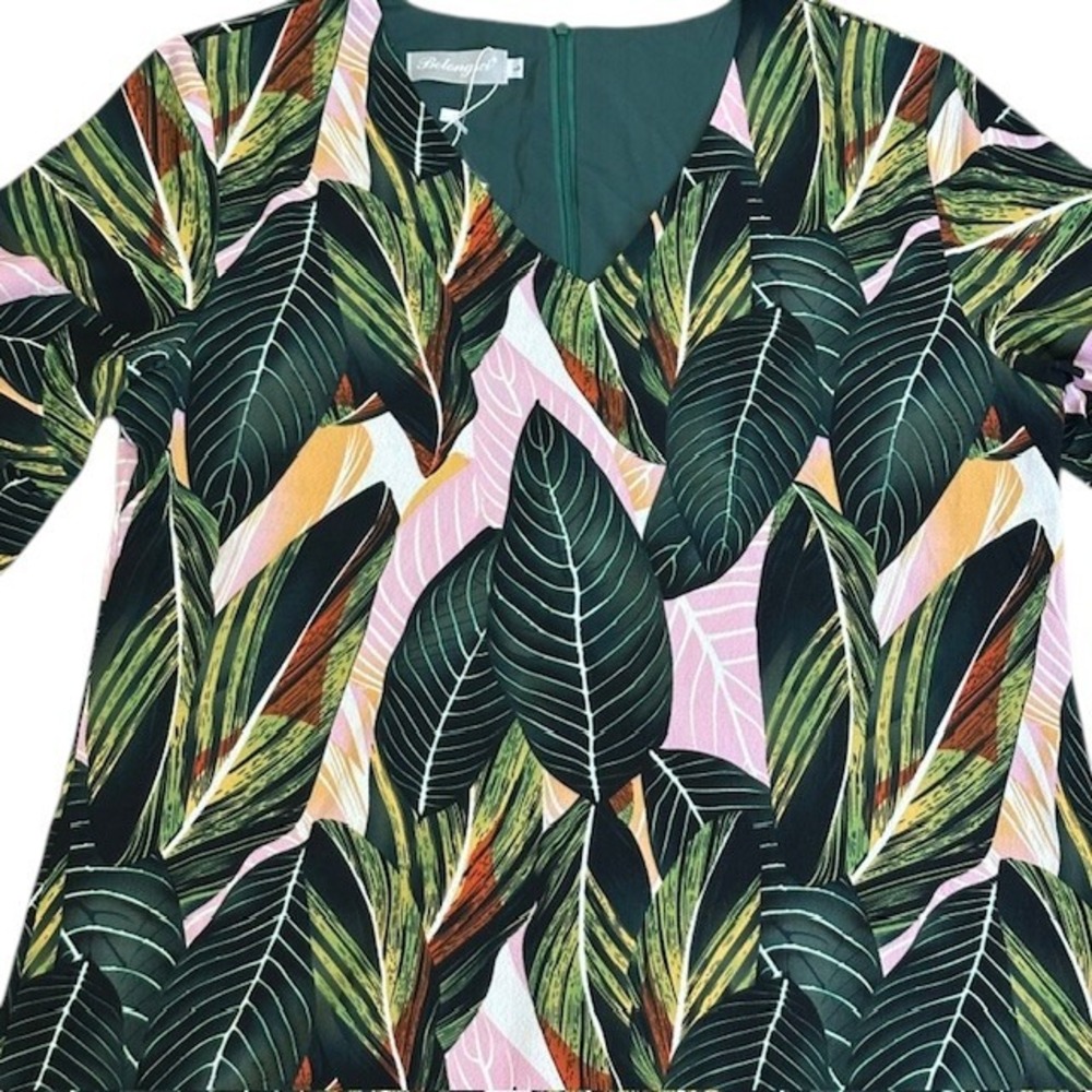 NWT Belongsci Leaf Print V-Neck Dress Bell Sleeve Bohemian Mini Dress Sz‎ Lg - Picture 8 of 16